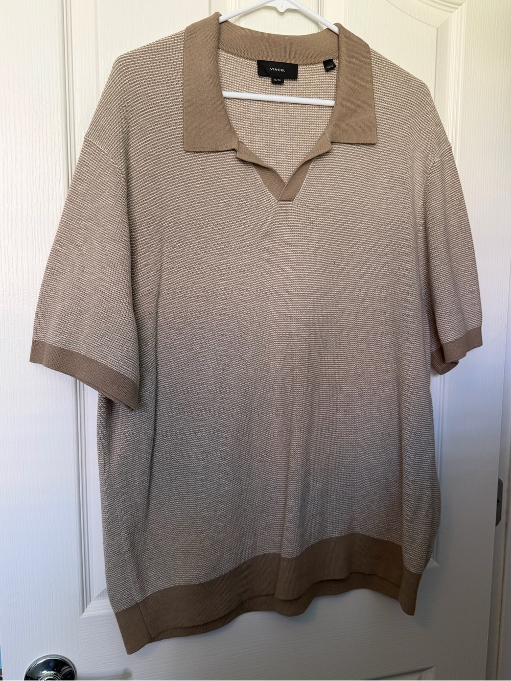 Vince Two-Tone Taupe & Beige Short-Sleeve V-Neck Polo